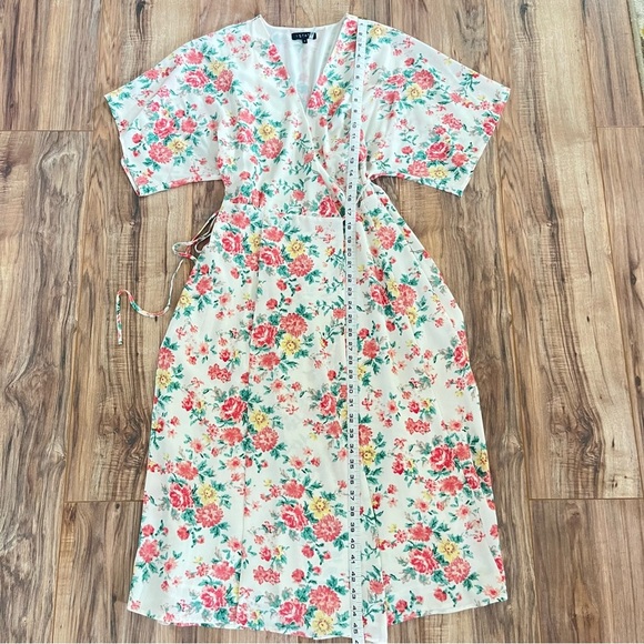 1. State Cream Wrap Midi Dress Flutter Sleeve w/ Pink Yellow Green Floral Size 8 - Picture 10 of 12